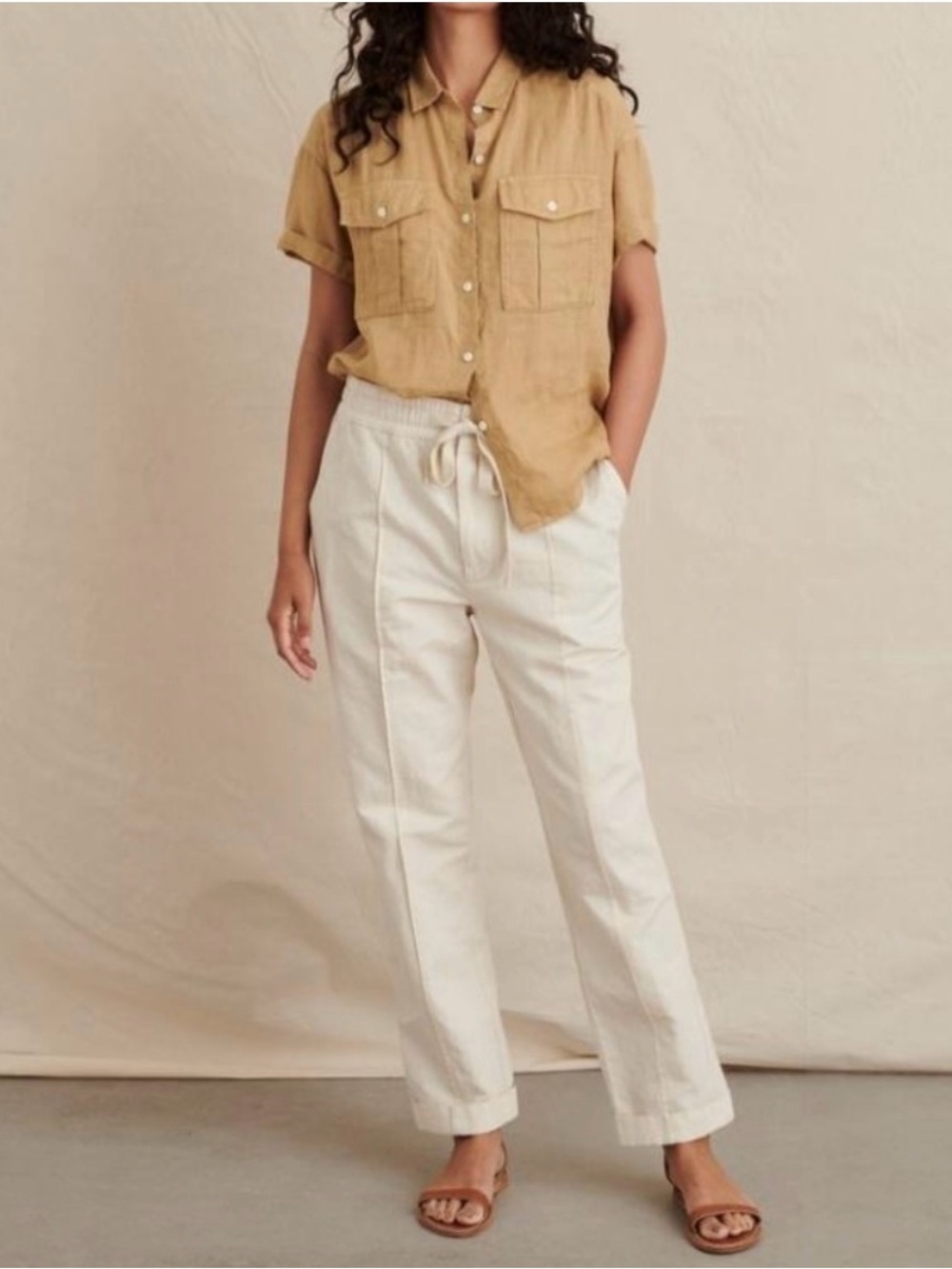 Alex Mill Sam Pull-On Cream Linen Front Seam Cuffed Pants Size 6